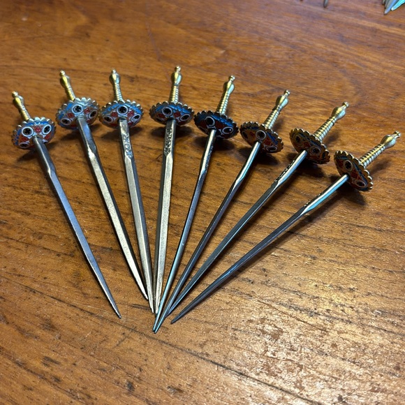 Vintage Toledo Spain gold/silver tone hand decorated 24 appetizer picks & stand - Picture 8 of 13